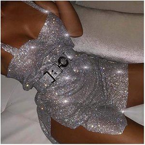 Silver Rhinestone Sexy Slit Bodycon